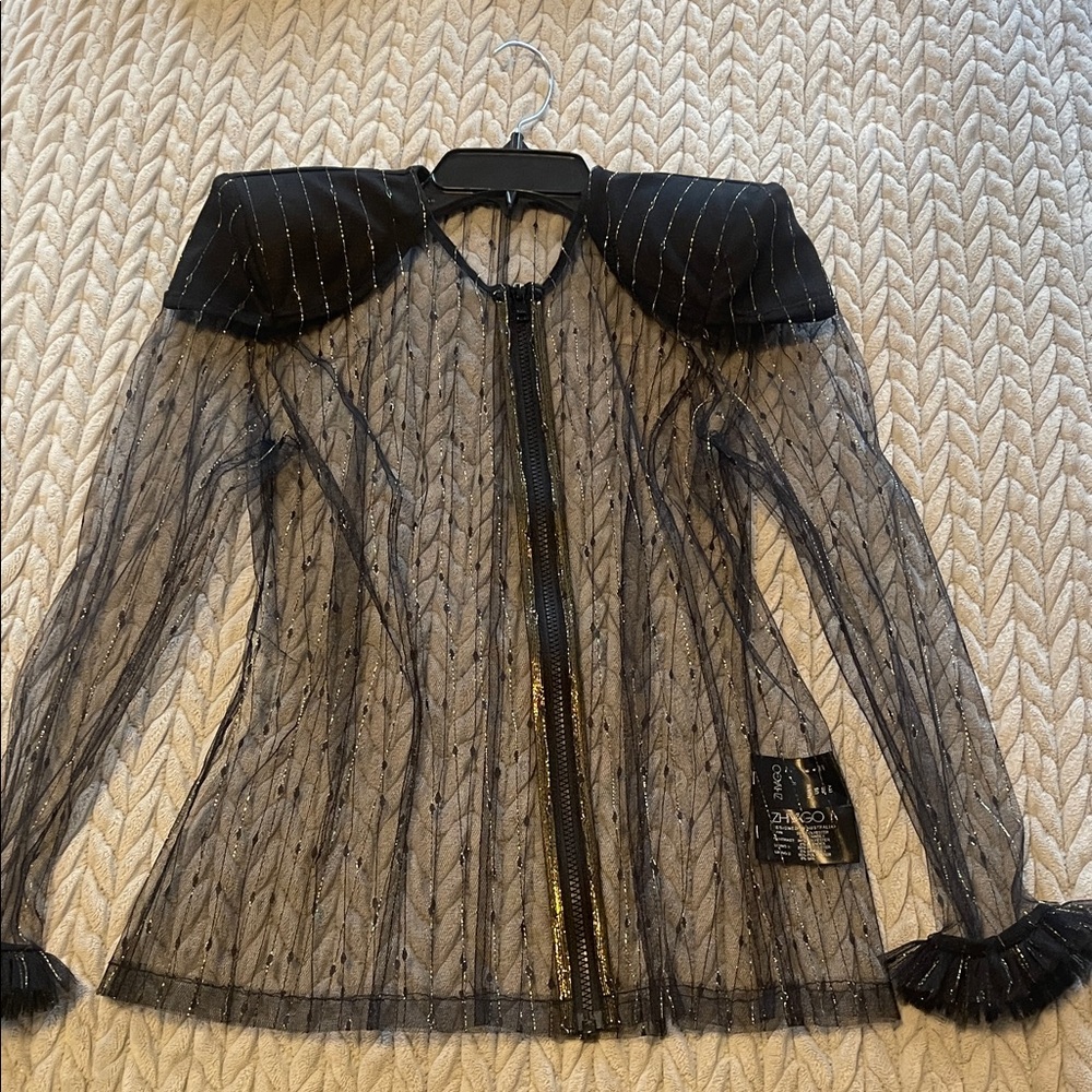 Zhivago Sheer Black Mesh Zip-Up Blouse with Puffed Shoulders